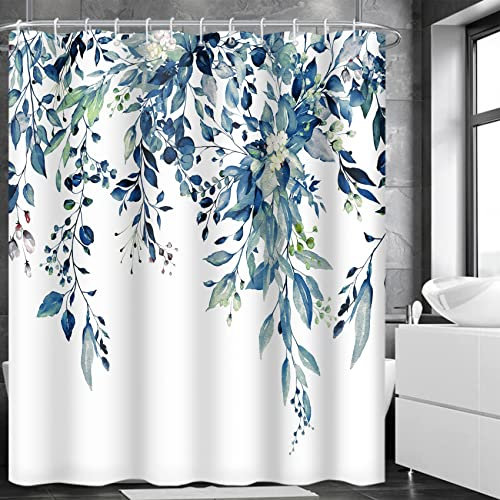 MIRRORANG Schimmel- und Mehltau-beständiger Blauer floraler Polyester-Badevorhang mit 12 Haken, schnell trocknender wasserdichter Duschvorhang aus Pflanzenstoff,183x183cm