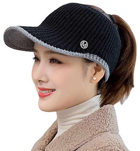 INOGIH BeanieTail Cap Warme Strickmütze für Frauen Messy High Bun Pferdeschwanz Visier Beanie Cap (S/M Größe), Schwarz-Strick, Medium