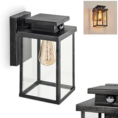 Außenwandleuchte Tieva m. Bewegungsmelder, moderne Wandlampe, Metall/Glas in Schwarz/Silber/Klar, eckige Wandleuchte, E27, Außenleuchte m. Lichteffekt für den Eingangsbereich, IP44, ohne Leuchtmittel
