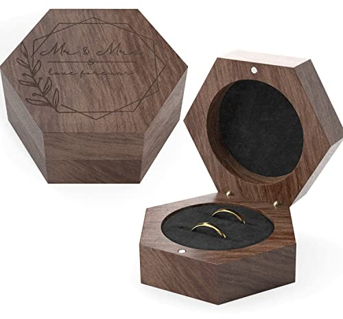 Rustic Wedding Ring Box for Wedding Ceremony Registry 2 Slots | Wooden Ring Holder for Ring Bearer Box & Ring Bearer Pillows | Engagement Ring Box for Proposal, Jewelry Box & Jewelry Organizer Gifts