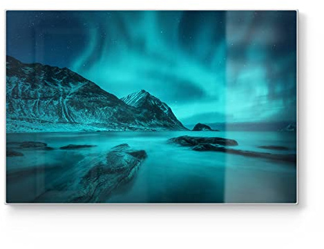 DEQORI Schneidebrett aus Glas | groß 30x20 cm | Motiv Polarlichter in Norwegen | Design Schneideplatte für Küche | Frühstücksbrett antibakteriell & rutschfest | Glasplatte & Servierplatte