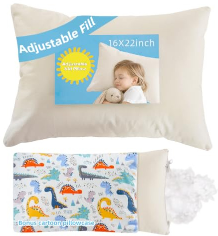 LOFE Bio-Kinderkissen mit Cartoon-Kissenbezug – 40,6 x 55,9 cm Jugendkissen, 100% Bio-Baumwolle, Verstellbarer Loft, maschinenwaschbar, weich und hypoallergen, atmungsaktiv, großes Kleinkindkissen