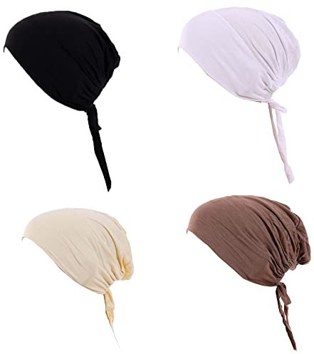 4 Stück Damen Hijab Unterkappe islamisch muslimisch unter Hijab Cap Innenseite unter Schal Mütze Hijab Kappe mit Raffhalter Verschluss einfarbig, 4 Stück.