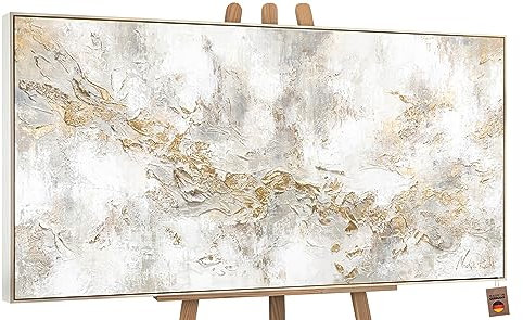 YS-Art Luxus Abstrakt Acryl Gemälde auf Leinwand Geschichte handgemalt Wandbilder Wohnzimmer modern Wohndekor Bilder Büro Gold Grau Beige echte Kunst mit Rahmen 120x60 cm
