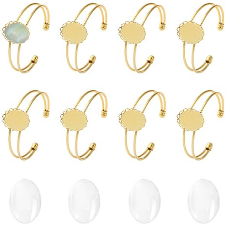 nbeads 8 Sets Oval Cabochon Armband Rohlinge, Manschette Armreif Tray Making Kit Goldene Lünette Blank Einstellungen Einstellbare Blank Dome Armband für DIY-Schmuck Machen, Tablett: 1.8x2.5cm