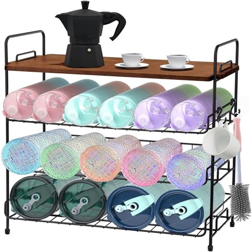 TIOYOTY 4-Tier Fruit Rack Veggie Basket with Wood Lid for Kitchen Countertop, Water Bottle Organizer, Tumbler Travel Cup Holder, Kitchen Countertop Rack for Baby Bottle Wine Cup Snacks