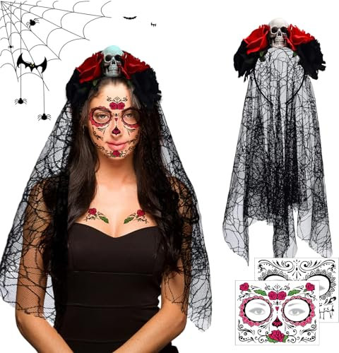 Halloween Jour des Morts Bandeau, Serre-Tête de d'halloween avec des Roses et Voile, Mexicains Crâne Rouge Rose Serre-Tete, Tatouages Visage Halloween, Halloween Bandeau Déguisement Accessoire