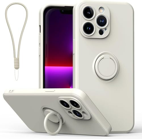 Sitthyw iPhone 14 Coque avec Anneau, Etui en Silicone Liquide Bracelet Antichoc avec Support Magnétique Rotatif à 360° Housse Protection Complète Souple pour iPhone 14, Blanc crème