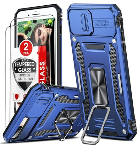 LeYi Kameraschutz Hülle für iPhone 7 Plus/8 Plus Handyhülle [2 Glasfolie Schutzfolie], Militär Standard Handy Hüllen Ständer Schutzhülle Kamera Schutz Schiebeabdeckung Case Blau