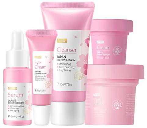 Sakura Coffret cadeau pour adolescentes – Ensemble de routine du visage pour femme, 5 pièces de nettoyage doux et de soins de la peau avec nettoyant, sérum pour le visage, crème pour les yeux, crème
