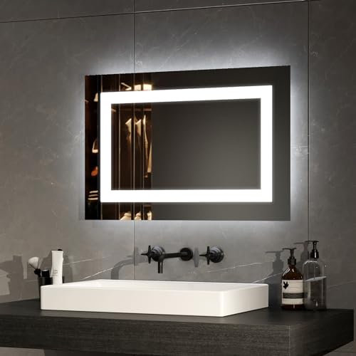 EMKE Badspiegel mit Beleuchtung 60x40cm, Badezimmerspiegel mit Beschlagfrei und 2 Lichtfarbe Warmweiß/Kaltweiß, Kippschalter, LED Badspiegel Klein Horizontal/Vertikal