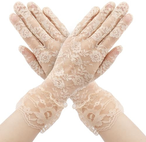 Spitzenhandschuhe Weiß - Elegant Kurze Brauthandschuhe für Hochzeit, Halloween, Party - Netzhandschuhe, Lace Gloves für Damen