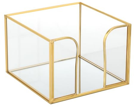 SUMTree Gold Glass Napkin Holder Square Cocktail Napkin Box Napkin Organiser Tray with Mirror Bottom for Kitchen, Restaurant, Farmhouse, Dinner, Outdoor, 14.5 * 14.5 * 10cm