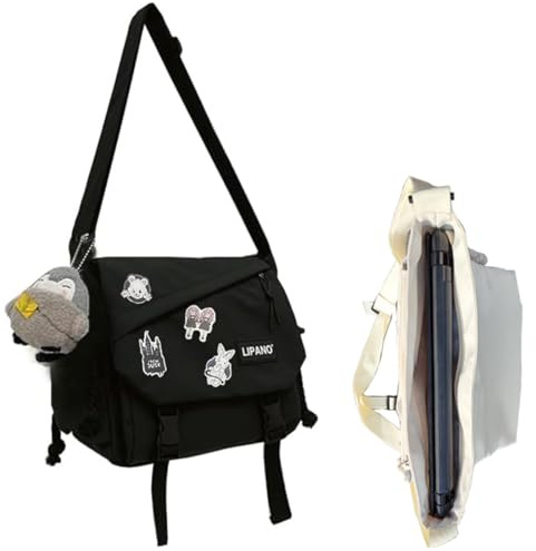 Inshere Ästhetische Umhängetasche mit niedlichen Nadeln und Ornamenten, Nylon-Schultertasche, Kuriertasche, japanische Kawaii-Tasche für Damen und Herren, L-Black-Fit Laptop, 15.7 (Long) x 4.7 (Wide
