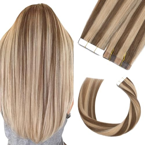 Silk-co Tape Extensions Echthaar 20stk, Remy Tape in Extensions Haarverlängerung, Skin Weft Echthaar Haarextensions Tape Kleber 50g, 45cm Schokoladenbraun mix Dunkelblond