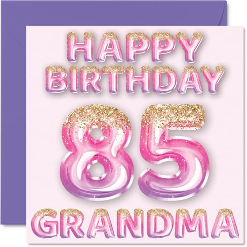 85th Birthday Card for Grandma, Pink & Purple Glitter Balloons | Happy Birthday Cards for 85 Year Old Grandma from Grandson Granddaughter, 145mm Bday Greeting Cards Gift