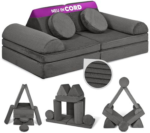 Linodino® Spielsofa Cord Fantasiewelt, Kindersofa-Bausteine - Kreative Stapelsteine für Kinder - Kindercouch, Sofa-Kuschelecke im Kinderzimmer | Schaumstoff-Softbausteine [Nashorn Grau]