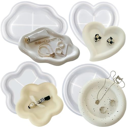4Pcs Schmucktablett Silikonformen Gießformen Silikon Gießform Wolke Blume Herz Runde Schmuckaufbewahrung Tablett Epoxidharz Formen Schmuckschale Silikonform Snackteller Resin Formen Harz Gießen Set