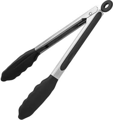 Heat Resistant Silicone Kitchen Tong: 9 inch 480ºF Hot Proof Cooking Tong with Firm Sealed Non Stick Rubber Tips & Silicon Coated Steel Handle & Smooth Locking for Serving Grill Salad (Black)