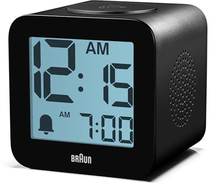 Braun Digital Speaking Alarm Clock with Snooze, Positive LCD Display, Spoken Setting Options, Crescendo Beep Alarm in Black, model BC25BP