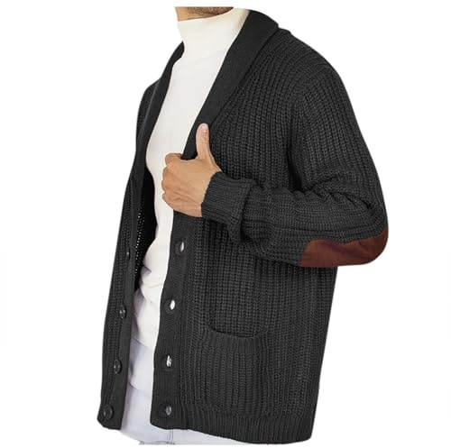 Bauzuoyo Men's Cardigan, Leisure Cardigan, Fine Knit Pullover with Buttons, Pockets, Elbow Patches, Plain Knitted Cardigan, Men's Autumn Winter Warm Cardigan, Loose Fit