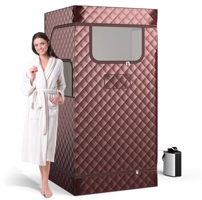 GOPLUS Sauna de Tamaño Completo, Kit de Relajación Personal con Silla Plegable, Generador de Vapor de 3L, Caja de Sauna para 1 Persona, Sauna de Vapor Portátil, 91 x 91 x 183 cm (Marrón)