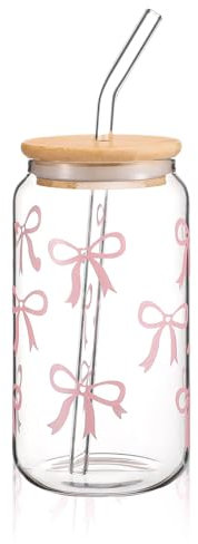Cosmeria Eleganter 16 oz Glass Tumbler mit Deckel und Strohhalm, Coquette Bow Design, Vielseitig für Kaffee, Cocktails und Mehr