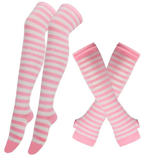 BRTNUP Striped Arm Warmers Leg Warmers Set, Stripeda Socks Over Knee, Striped Arm Warmer Fingerless Gloves for Girls Women (C, One size)