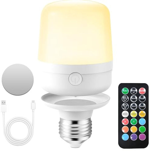 Bombilla Batería E27 Con Control Remoto, Bombilla Recargable USB Magnética Con Interruptor, Inalámbrico LED Bombillas Regulables Para Lámpara, Bombilla Color RGB, 400LM, Temporizador, 2600mah,1 PACK