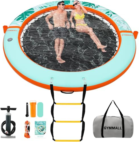 GYMMALL Inflatable Water Hammock Floating Dock 8 FT with Mesh, Lilo Pool Inflatables Tanning Round Ring for Adults, Sunchill Mat Raft Platform for Lake and Beach with Water Ladder and Cup Holder