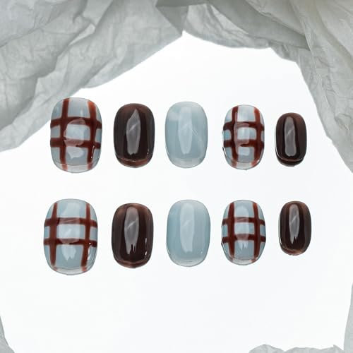 Sun&Beam Nails Handmade Press-on Short Round Blue Brown Hand-Painted Minimalist Plaid Design Fashion False Nail Tips 10 Pcs Set (#208 XS)