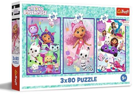 Trefl – 3in1 Puzzle: Gabby's Dollhouse, Gabbys Bunte Tage - 3 x 80 Teile, 3er-Puzzle-Set für Kinder ab 5 Jahren