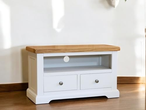 GROFurniture Snow White TV Unit, Solid Wooden Media Television Cabinet for Living Room, TV Stand with 2 Drawers for small spaces, Ready Assembled W86cm x D39cm x H52cm