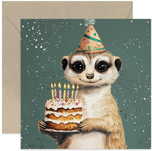 Erdmännchen-Geburtstagskarten, niedliche Tiergeschenke für Kinder und Erwachsene, gemaltes Geburtstagskarten-Design, Premium-Feiergeschenke für Familie und Freunde, Erdmännchen hält Kuchen-Design