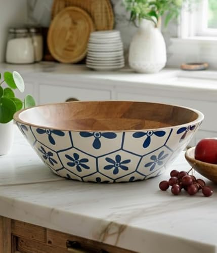 Vayu Earth Extra Large (16 Inch) Enamelled Wooden Fruit Bowl – Natural Wood in Farmhouse, Vintage Style, Decorative Salad and Mixing Bowl – 40 x 40 x 15 cm