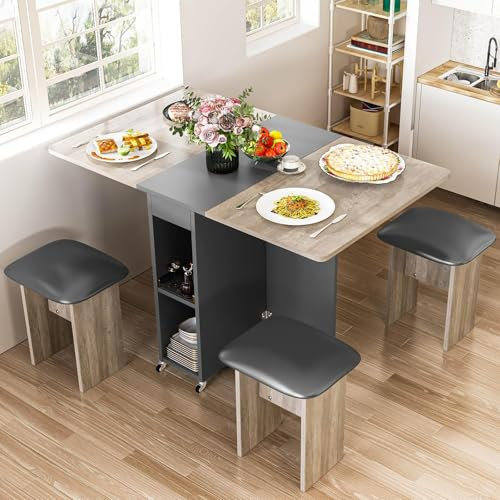 HOOSENG Foldable Dining Table Set for 4,Folding Dining Table with 4 Leather Chairs & Storage,Drop Leaf Dinner Table with 6 Wheels,Folding Kitchen Table and Chairs Set for Small Spaces,Grey