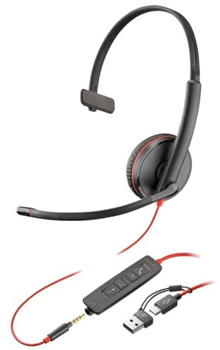 Poly Blackwire 3215 Monaurales USB-C Headset, Over-Ear USB-A HS TAA konform, ohraufliegend, 3,5 mm Stecker, Schwarz
