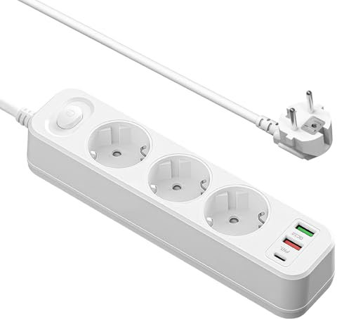 Regleta con 2 USB (PD 20 W) y 1 Tpye-C, 2 m, 3 enchufes múltiples con interruptor, distribuidor con cable flexible, regleta para oficina, hogar, viajes