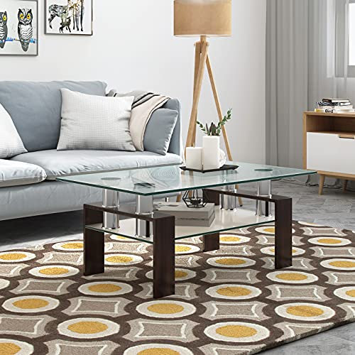 GOPLUS Table Basse avec Plateau en Verre Trempé, Table de Salon Vitrée avec Rangement à 2 Niveaux, Moderne avec Étagère Inférieure et Structure en Métal pour Salon,Charge 130+50 KG