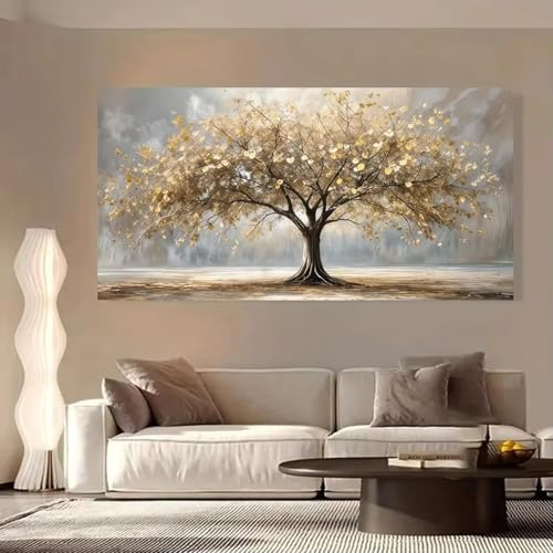 PEWFBS Elegant Tree of Life with Gold Leaves Canvas Wall arts Autumn Landscape Print Posters Gold and Beige for Home Decor 75x150cm No frame