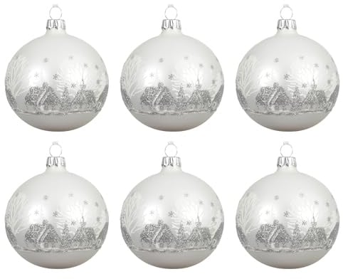 Kaemingk Weihnachtskugeln Glas 8cm Handbemalt Mundgeblasen Silber Deko 6 Stück Christbaumschmuck Weihnachtsbaumkugeln Christbaumkugeln Winterdorf Motiv Weiß matt