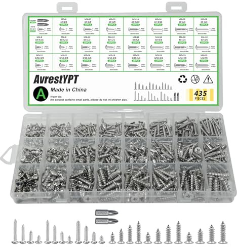 435Pcs 304 Stainless Steel Self Tapping Screws Assortment Set, M3/M4/M5/M6 Flat Head & Round Head Self Tapping Screws Assortment Set, Phillips Drive Wood Screw Assortment Kit