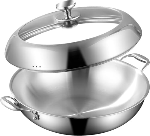 DELARLOCHEF Wokpfanne 35 cm mit Zwei Griffe, Durchgehend 3-lagig Wok | Unbeschichtete Pfanne mit Deckel, Gleichmäßige Wärmeverteilung, 20% Energiesparend, Ofenfest bis 400°C