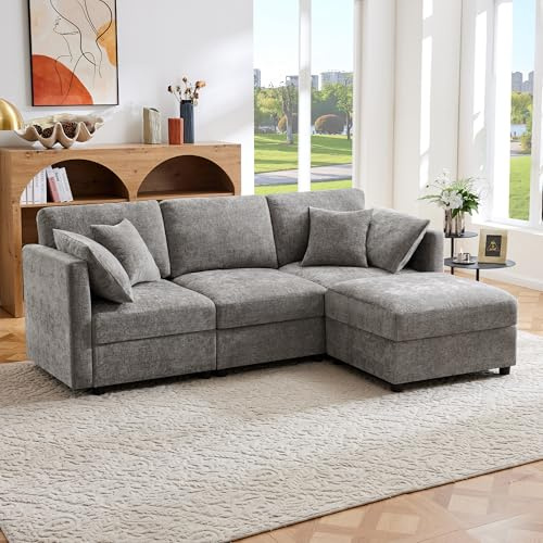 Mrwoo Sofá Cama Convertible de 3 Plazas, Sofa Esquinero en Forma de L con Reposapiés, 4 Cojines, Reposabrazos Ajustables, Adecuado para Salón, etc, Chenille, Color Gris