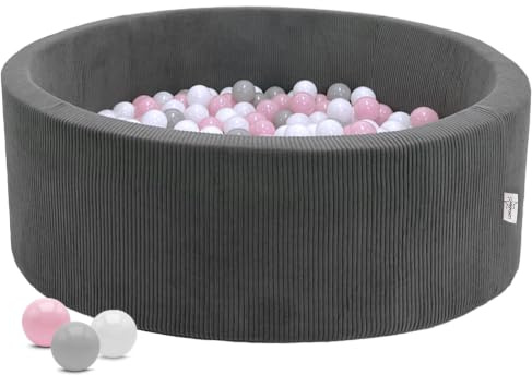 LittleStar® Bällebad mit 250 BPA-freien Bällen für Babys & Kleinkinder ab 10 Monaten | Geprüfte Sicherheit | Waschbar & Rutschfester Boden | Grauer Cord, 90 x 30 cm, rund | Bälle: rosa-grau-weiß