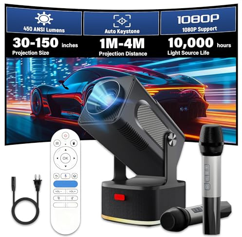 HCS350 KTV Projecteur Vidéo Portable avec WiFi et Bluetooth – 1080P et 450 Lumens ANSI, avec Micro Rechargeable et Télécommande Vocale Bluetooth, Audio Stéréo 2 x 8W, Fun Karaoké, Support Réglable