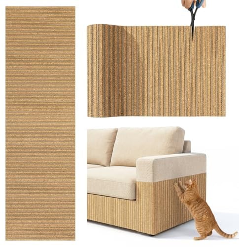 Tivray Cat Scratch Mat, 100 * 30CM Cork Cat Scratch Pad, Adhesive Scratching Couch Furniture Protector, DIY Scratching Pad, Corrugated Paper Scratcher from Claws for Indoor, Brown