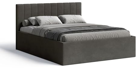 Meblofun Polsterbett RETTAN mit Kopfteil, 160x200 cm, Doppelbett mit Bettkasten und Lattenrost aus Holz, Velourstoff, Farbe: Dunkelgrau