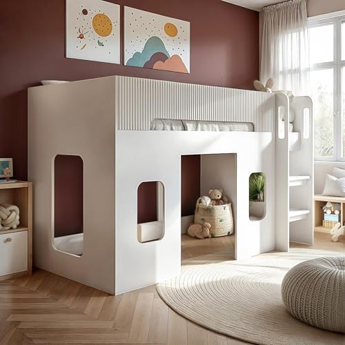 Flair - Lino Playhouse Kids Mid Sleeper Bed (White) | Heavy Duty Single Mid Sleeper Cabin with Space Underneath, Imaginative and Playful, Sleek with Modern Ribbed Exterior