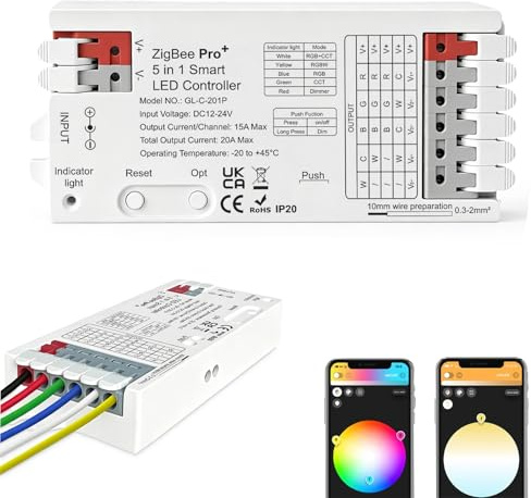 Vibe2Go ZigBee 3.0 Pro+ 5-in-1 Smart LED Controller, 20A Max RGBCCT RGBW RGB CCT Dimmer, DC12-24V LED Strip Controller, Compatible with Alexa, Hue, Tuya Smart Life, Home Assistant (GL-C-201P)